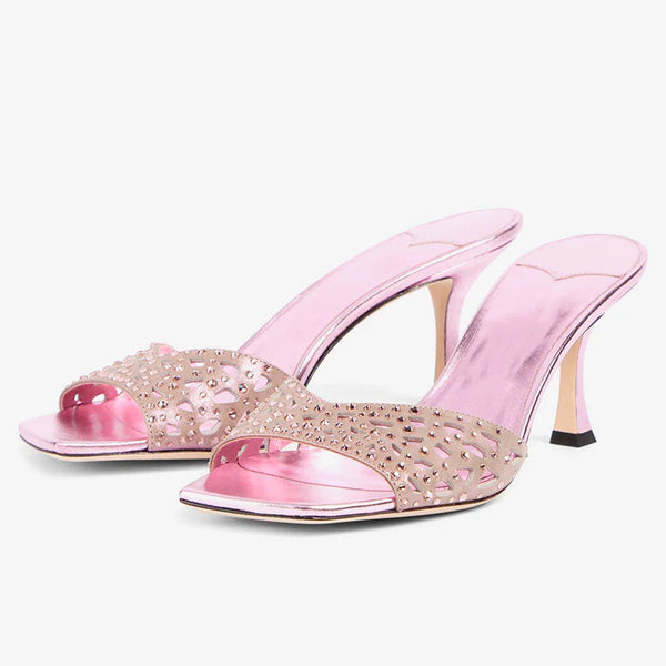 Pink Crystal-Embellished Suede Mules