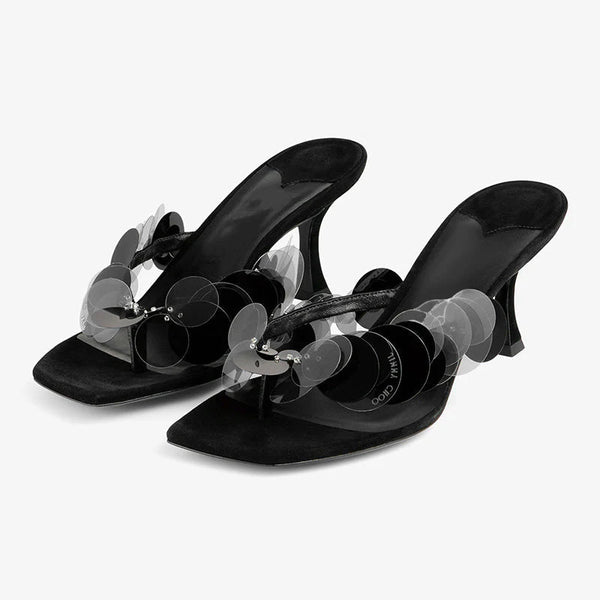 Black Sequin-Embellished Suede Mule Sandals