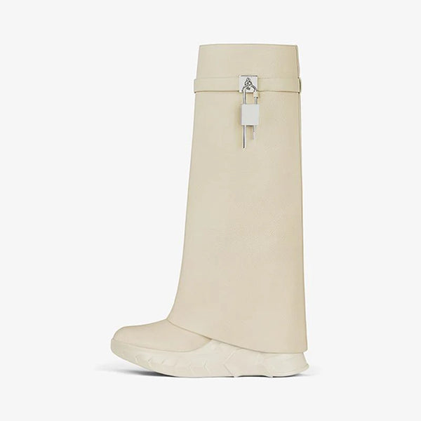 Beige Grained Calfskin High Boots 80mm