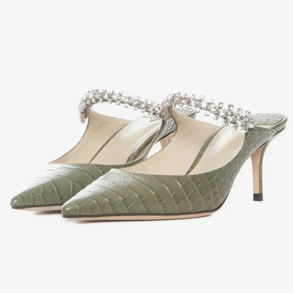 Green Croc-Embossed Leather High Heels