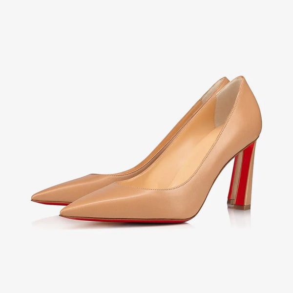 Unique Beige Leather Pumps with Flared