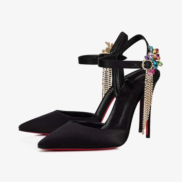 Black Satin Crepe Pumps with Silver Rhinestones