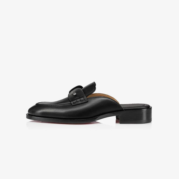 Black Leather Backless Collar Pin Loafer