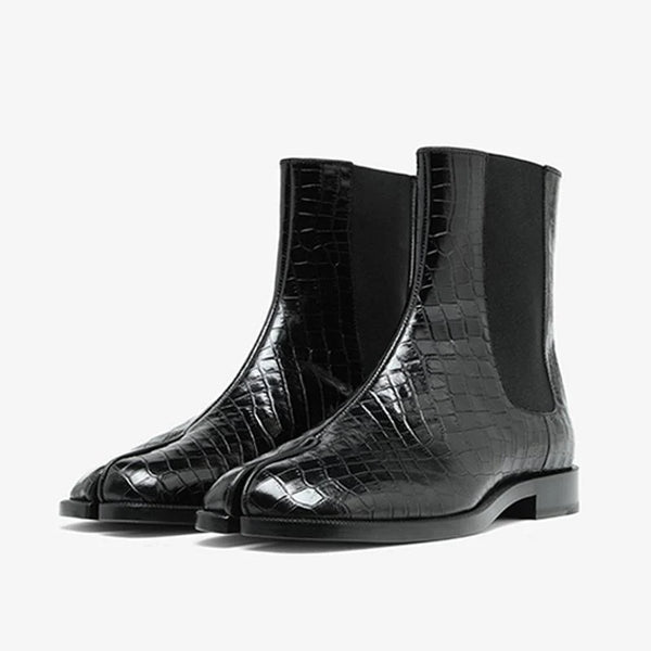Calf Leather Split-toe Boots with Elastic Inserts