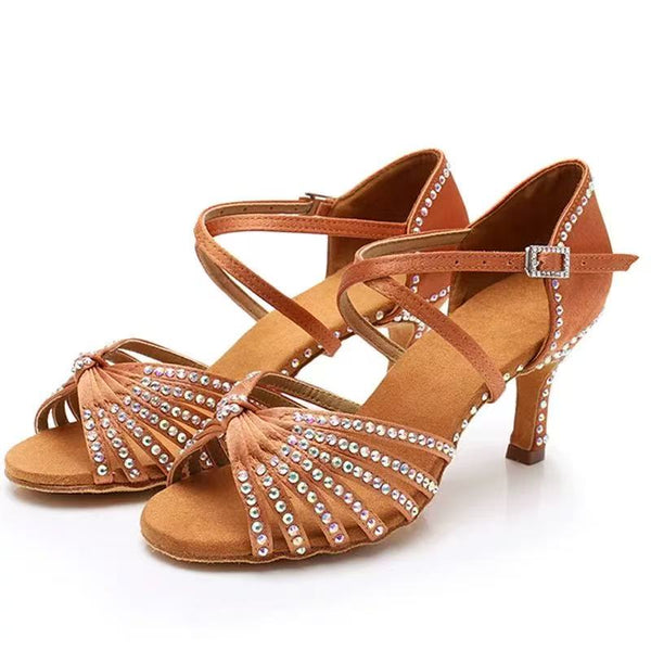 Women's Rhinestone-Embellished Tan Latin Dance Shoes - High Heel Ballroom Dance Sandals with Buckle Strap
